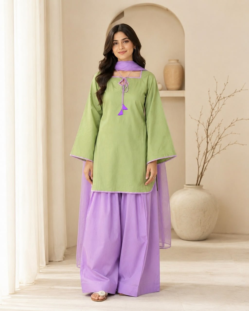 Purple Farshi Shalwar | Pakistani 3 Piece Suit | Cotton Pakistani Dress | Farshi Shalwar | Purple Ethnic Wear | Dori Latkan | Lace Work | Chiffon Dupatta | Traditional Pakistani Wear | Festive Wear | Eid Collection | Women's Ethnic Fashion Image 2