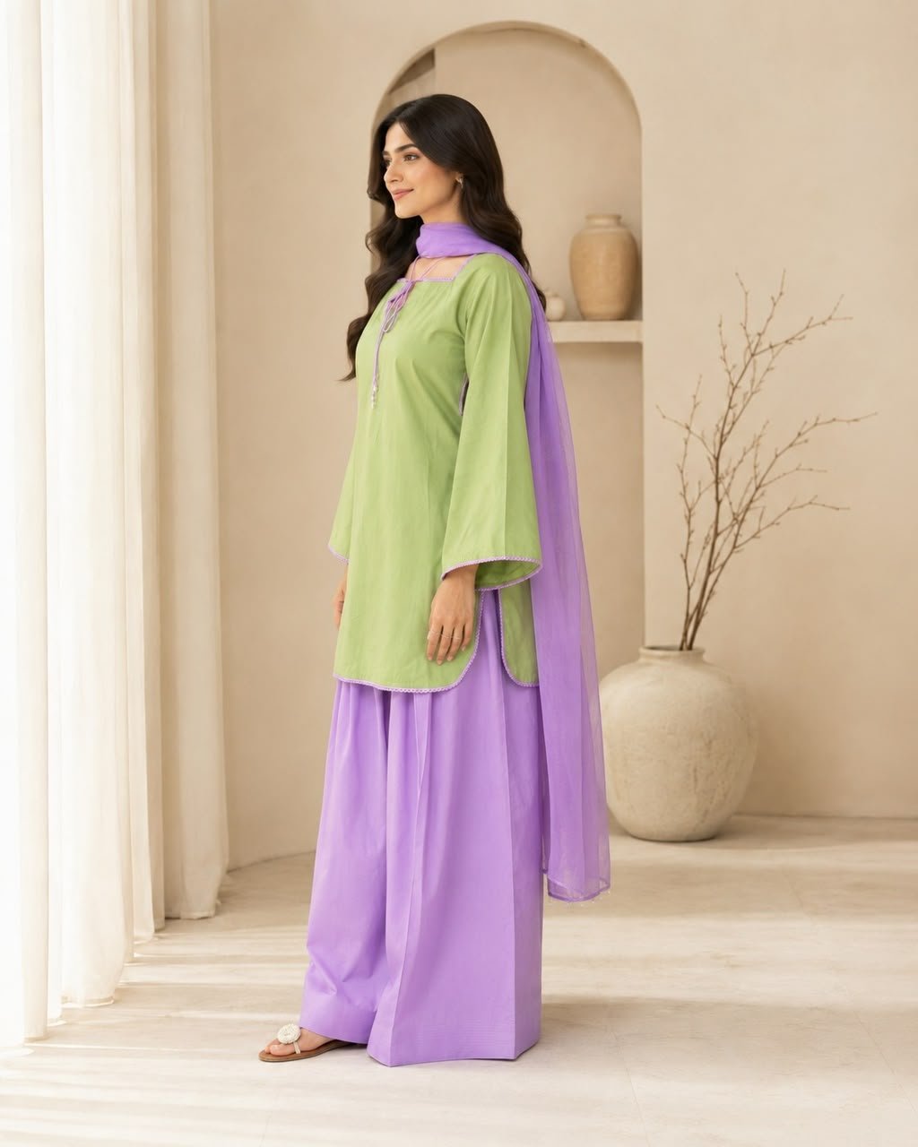 Purple Farshi Shalwar | Pakistani 3 Piece Suit | Cotton Pakistani Dress | Farshi Shalwar | Purple Ethnic Wear | Dori Latkan | Lace Work | Chiffon Dupatta | Traditional Pakistani Wear | Festive Wear | Eid Collection | Women's Ethnic Fashion Image 3