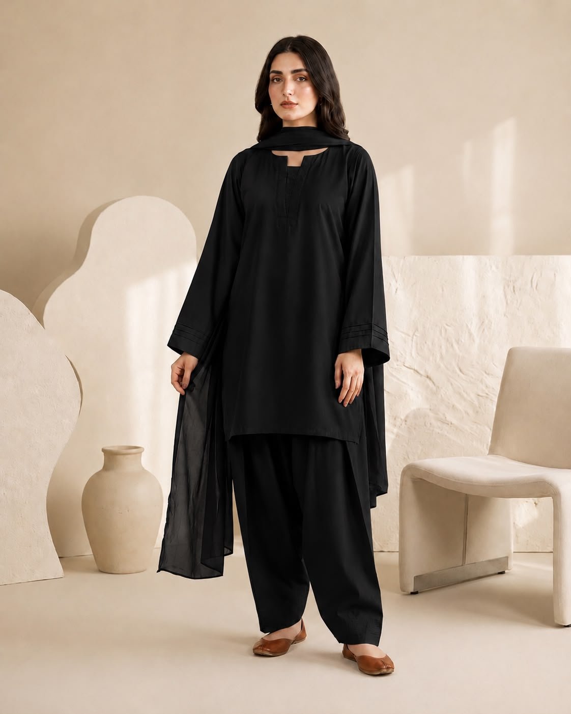 Premium Farshi Shalwar 3-Piece Suit – Plain Georgette with Chiffon Dupatta Image 5