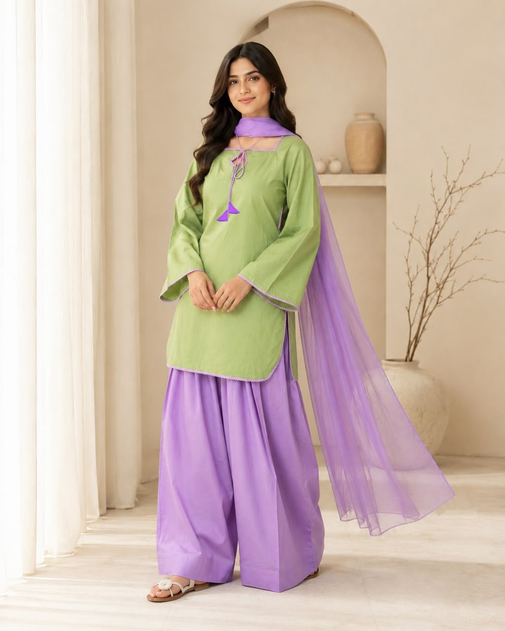 Purple Farshi Shalwar | Pakistani 3 Piece Suit | Cotton Pakistani Dress | Farshi Shalwar | Purple Ethnic Wear | Dori Latkan | Lace Work | Chiffon Dupatta | Traditional Pakistani Wear | Festive Wear | Eid Collection | Women's Ethnic Fashion