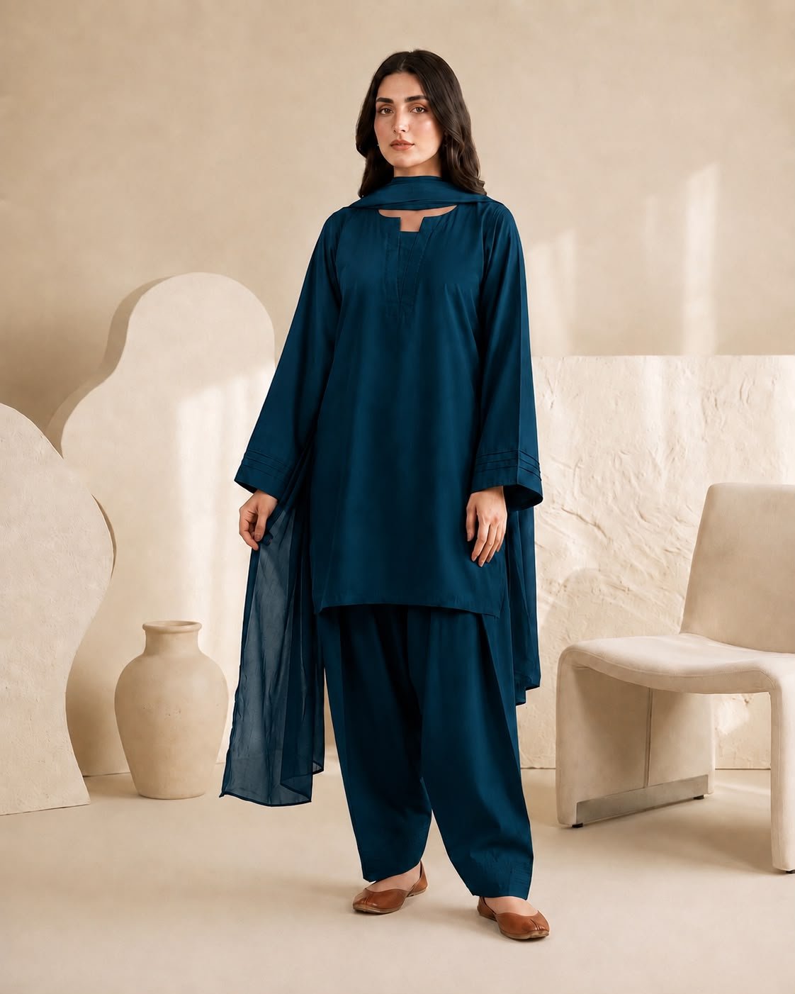 Premium Farshi Shalwar 3-Piece Suit – Plain Georgette with Chiffon Dupatta Image 6